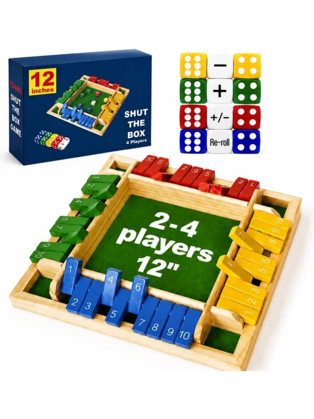 Upgraded 12-Inch Shut The Box Dice Game for 2-4 Players - Fun Family Math Game